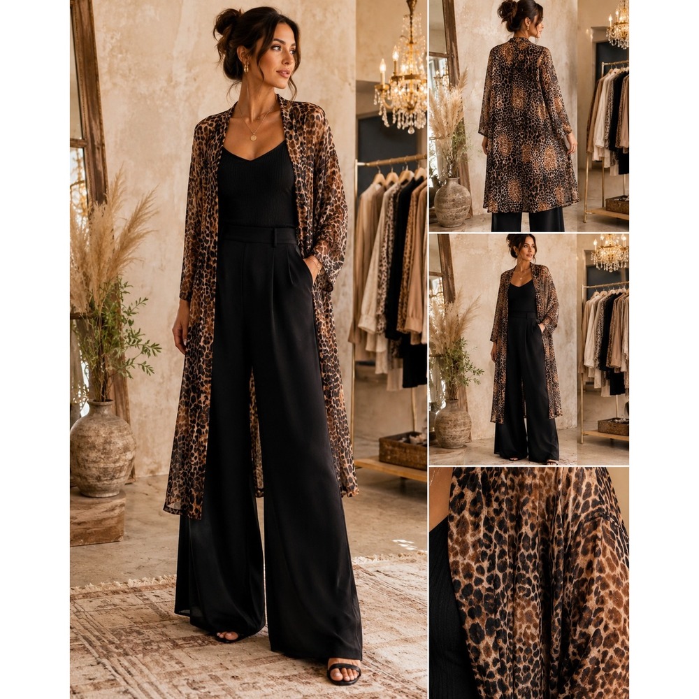 Ali Miles Chic Leopard Print Sheer Mesh Open Front Kimono Duster Beach Cover 2XL